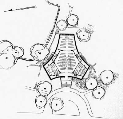 Drawing of overhead view of three chapels
