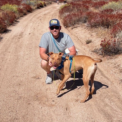 Jorah squats on a trail with his dog, a pitbull terrier.