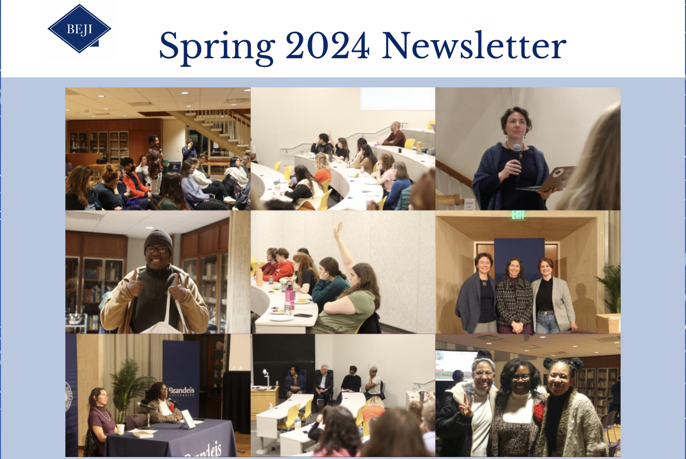 A screenshot from BEJI's Spring 2024 newsletter cover, showing faces of participants. 