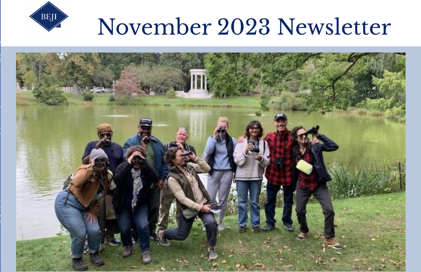 A screenshot from BEJI's November 2023 newsletter cover, showing participants birding.