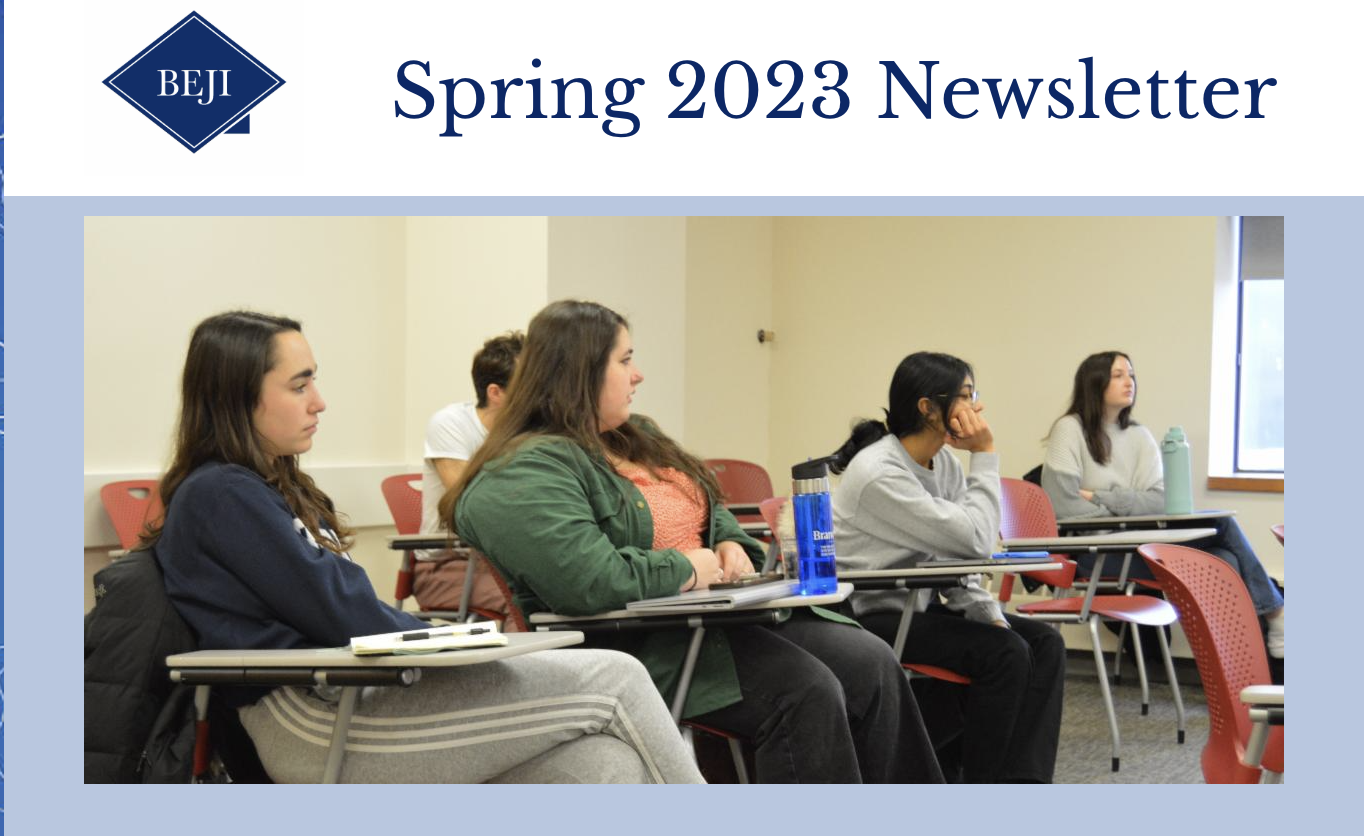 A screenshot from BEJI's Spring 2023 newsletter cover, showing Brandeis students learning about the legal system.