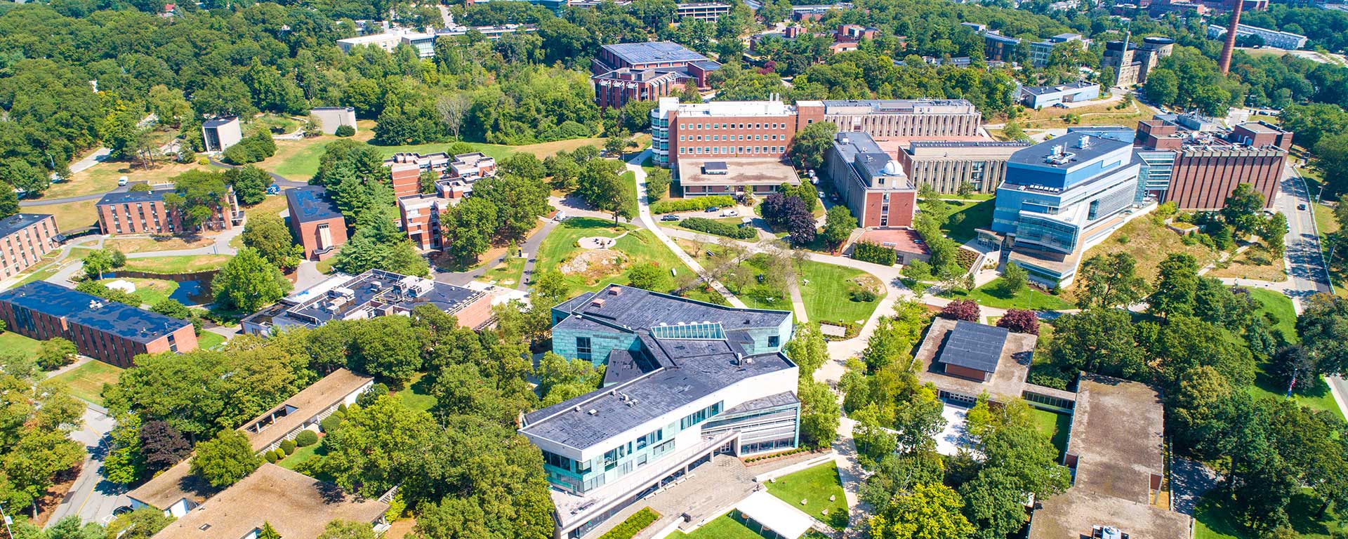 Aerial view of the Brandeis campus in the summer