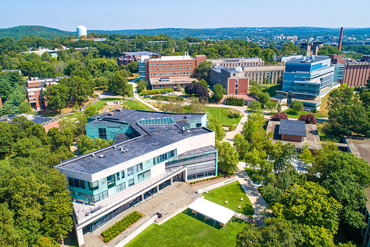 Aerial view of the Brandeis campus.