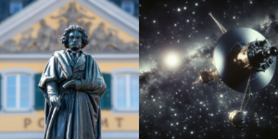 Picture of a statue of beethoven on the left and the Voyager space craft on the right