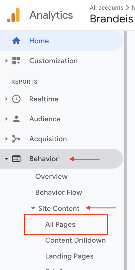 Arrow pointing to Behavior, Arrow Pointing to Site Content, All pages outlined in red