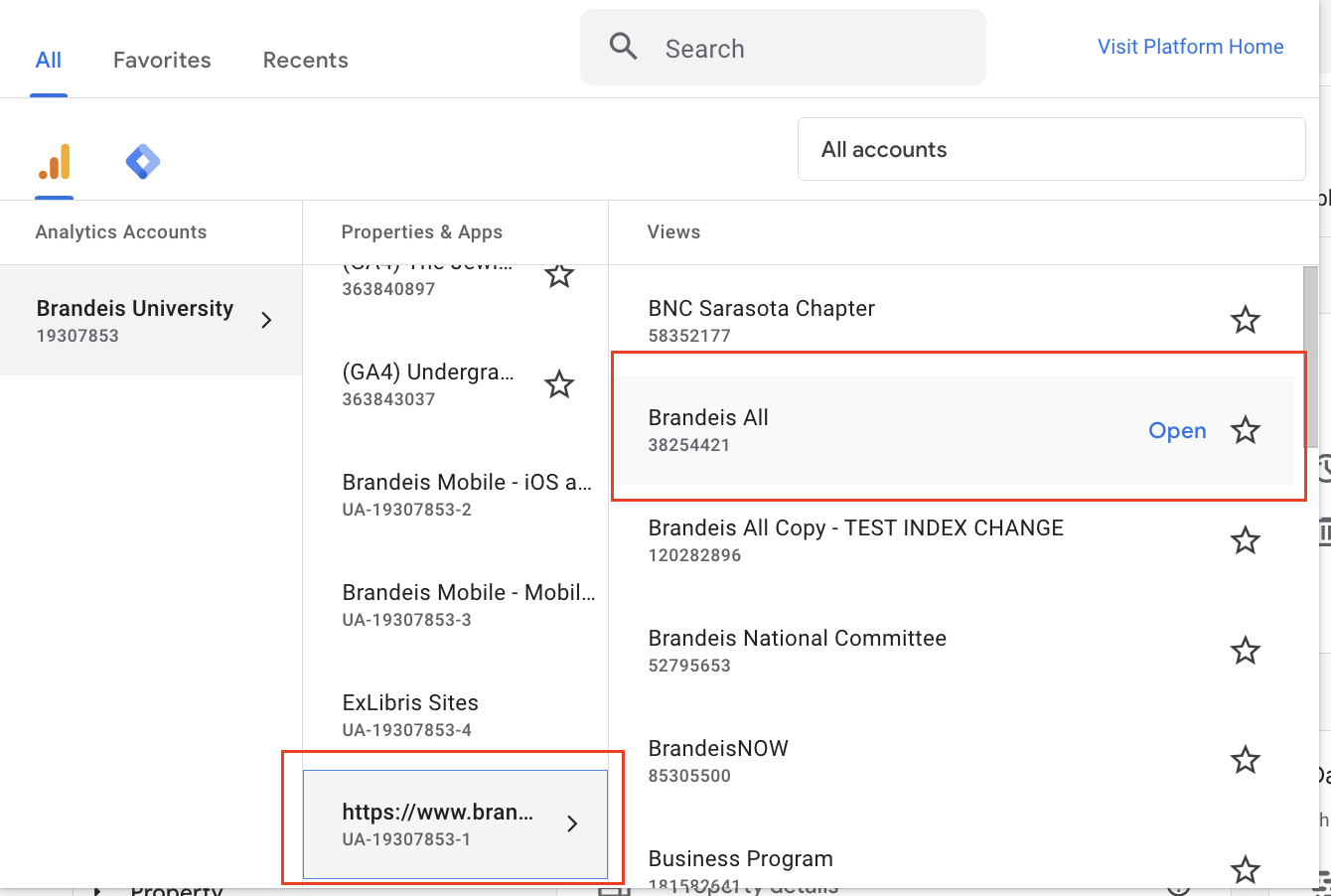 Screenshot showing how to select Brandeis All from Google Analytics interface