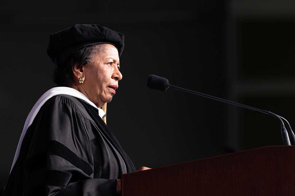 Honorary degree recipient Ruth Simmons gives the Commencement address during the Graduate Commencement ceremony