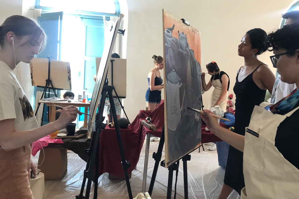 Brandeis students working in the studio on Brandeis in Siena Summer 2022