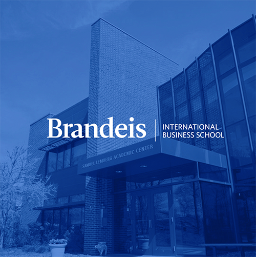 Brandeis International Business School logo superimposed over a blue photo of the Lemberg building