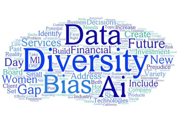 Word cloud with words like "data," "diversity," "bias," and "AI."