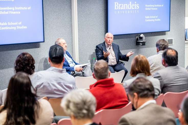 Eric Rosengren and Stephen Cecchetti speak to a full audience during their event “A Conversation on Central Bank Digital Currencies.” Photo by Ashley McCabe.