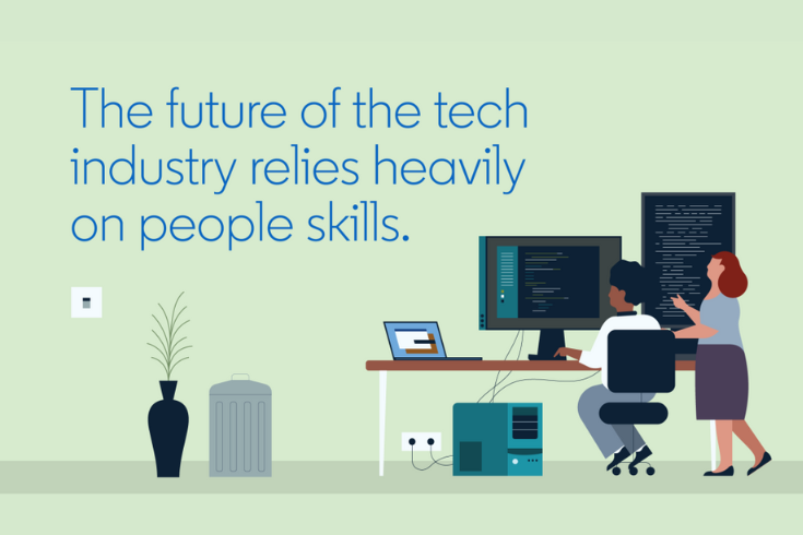 Cartoon people working in an office. Text above reads "The future of the tech industry relies heavily on people skills."