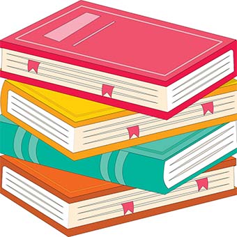 Cartoon drawing of stack of four books