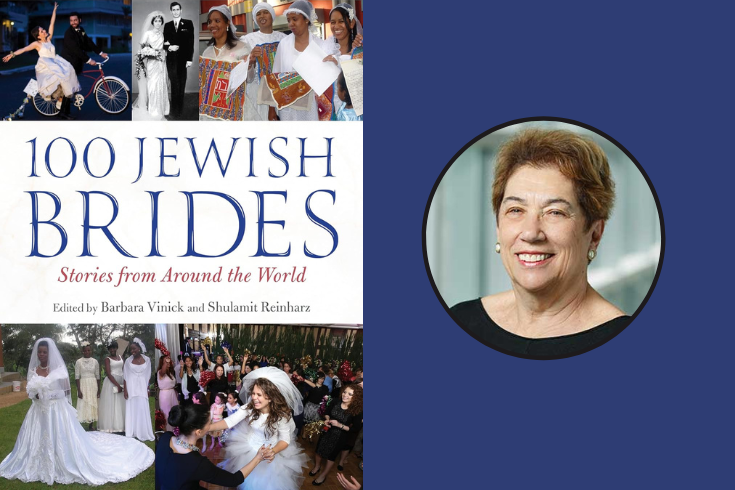 Image: On the left, the book cover of "100 Jewish Brides" showing several brides at their ceremonies and while celebrating. On the right, Shulamit Reinharz.
