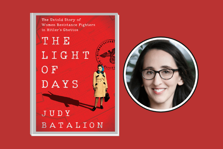  (L) Book cover of The Light of Days, by Judy Batalion, in white letters on a red background with a photo of Renia Kukielka wearing a kerchief on her hair and an overcoat and showing her shadow as a fighter. (R)  Judy Batalion.