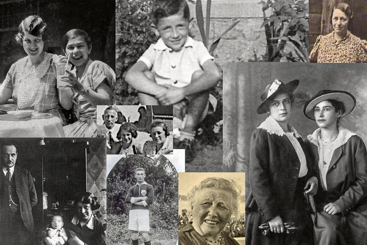 Black and white images of family members smiling and together.