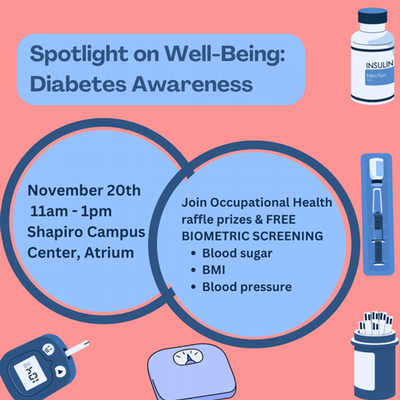 Spotlight on wellbeing event image. Diabetes, free biometric screening. November 20th 11am to 1pm SCC
