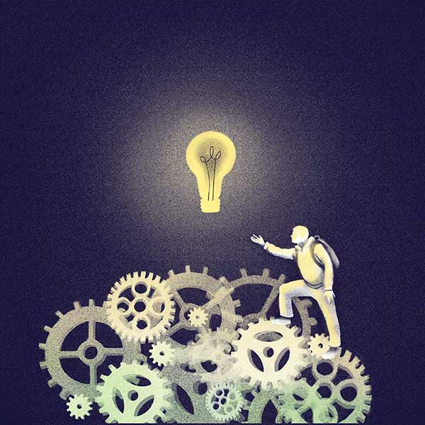 Illustration of a person climbing gears toward a lightbulb