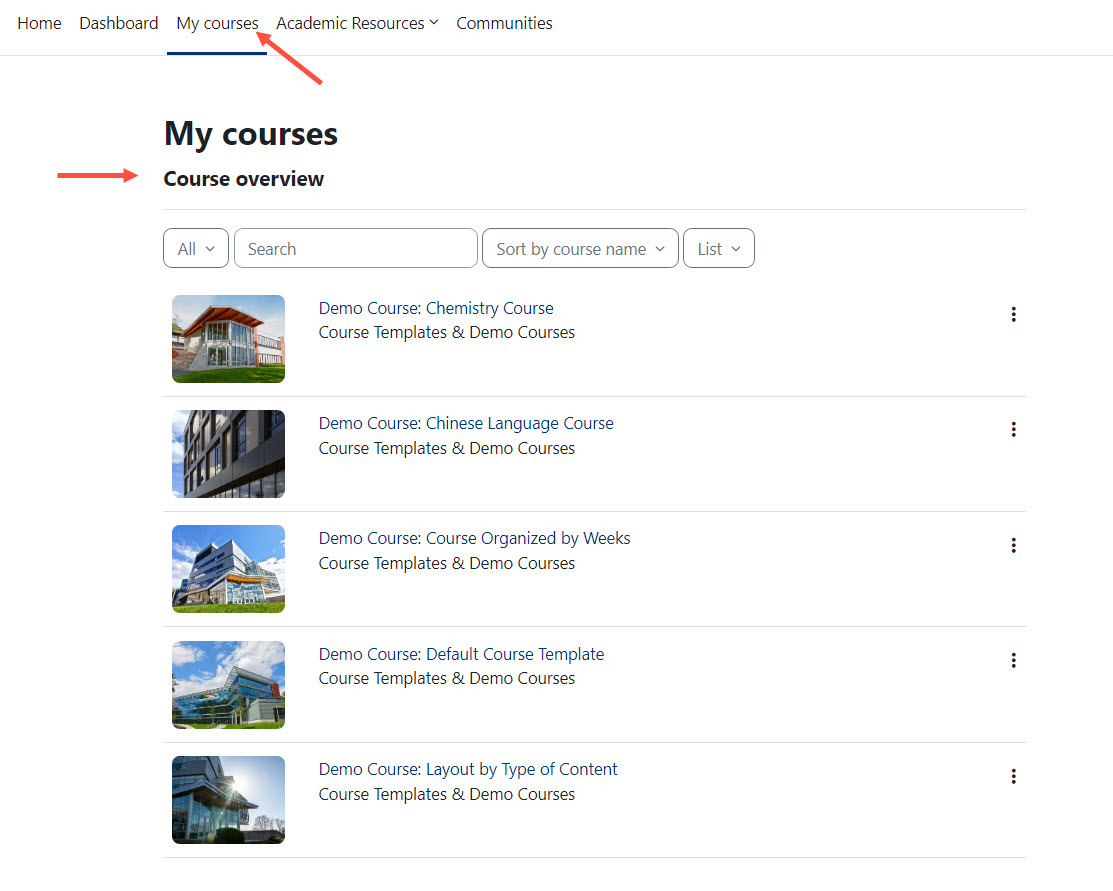 Moodle my courses page, set up as a list, with hyperlinks to courses