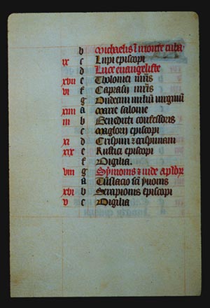 Continuation of the list from page 10r, with lines of hand lettered text, each with a lower case letter to its left, In the left margin are some red letters on some of the lines but not all. 