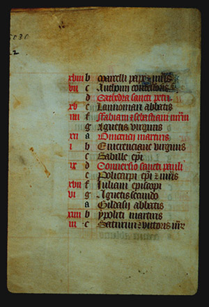 Page of black letter text with some text in red. Each line has a lower case letter next to it following the order of the alphabet from a to g, and then starting again. 