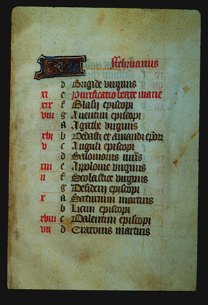 Page 2r: with a large illuminated letter and the word "Februarius ." The rest of the page is lettered by hand with a list, each line has a red letter on the left following the alphabet from a - g, and then it starts again from a. 