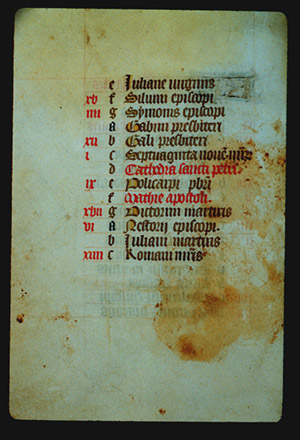 Continuation of the list from page 2r, with lines of hand lettered text, each with a lower case letter to its left, In the left margin are some red letters on some of the lines but not all.