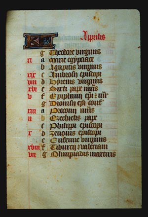 Page 4r with a large illuminated letter and the month (April in Latin). The rest of the page is lettered by hand with a list, each line has a red letter on the left in sequence from a - g (presumably the days of the week), and then it starts again from a. In the left margin are some notes in red corresponding to some of the lines. 