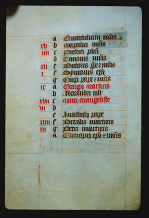 Continuation of the list from page 4r, with lines of hand lettered text, each with a lower case letter to its left, In the left margin are some red letters on some of the lines but not all. 