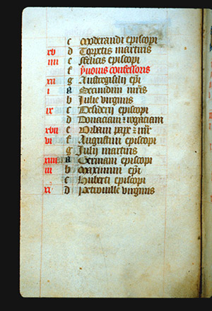 Continuation of the list from page 5r, with lines of hand lettered text, each with a lower case letter to its left, In the left margin are some red letters on some of the lines but not all. 
