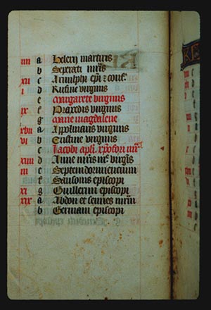 Continuation of the list from page 7r, with lines of hand lettered text, each with a lower case letter to its left, In the left margin are some red letters on some of the lines but not all. 