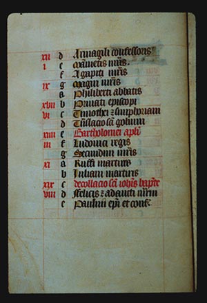 Continuation of the list from page 8r, with lines of hand lettered text, each with a lower case letter to its left, In the left margin are some red letters on some of the lines but not all. 