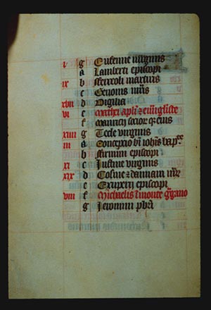Continuation of the list from page 9r, with lines of hand lettered text, each with a lower case letter to its left, In the left margin are some red letters on some of the lines but not all. 