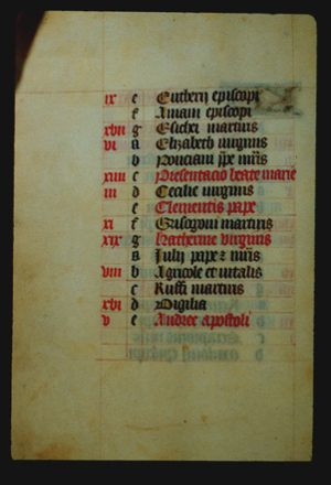 Continuation of the list from page 11r, with lines of hand lettered text, each with a lower case letter to its left, In the left margin are some red letters on some of the lines but not all. 