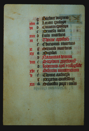 Continuation of the list from page 12r, with lines of hand lettered text, each with a lower case letter to its left, In the left margin are some red letters on some of the lines but not all. 