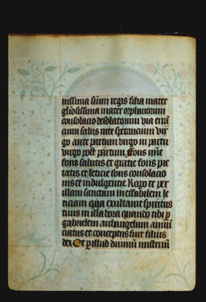 A page of black lettered text with some counterspaces colored yellow. The painting on the reverse side of the page can be seen through the paper. 