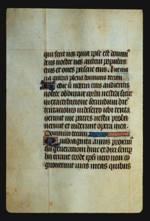 Page 21v, containing a dense block of blackletter text, with two illuminated initial letters and a decorative horizontal bar that fills the end of a line following the end of a sentence. 