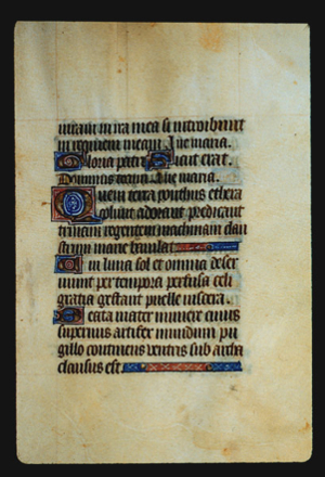 Page 22r, containing a dense block of blackletter text, with 5 illuminated initial letters, one of which, a "Q", is much larger than the others. There are also two horizontal ornaments that fill the spaces following the end of a sentence.