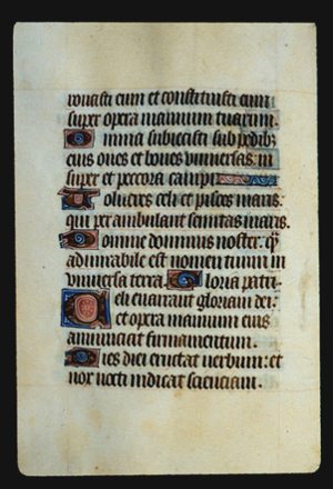 Page 23v, containing a dense block of blackletter text, with 6 illuminated initial letters, and one horizontal ornament that fill the space following the end of a sentence. 