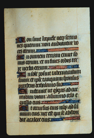 Page 24r, containing a dense block of blackletter text, with 5 illuminated initial letters, and a horizontal ornament that fill the empty  space on each line whose sentence ends before the right margin.