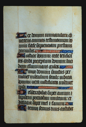 Page 24v, containing a dense block of blackletter text, with 5 illuminated initial letters, and 4 horizontal ornaments that fill the empty  space on each line whose sentence ends before the right margin.