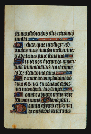 Page 25r, containing a dense block of blackletter text, with 6  illuminated initial letters, and 4 horizontal ornaments that fill the empty  space on each line whose sentence ends before the right margin.
