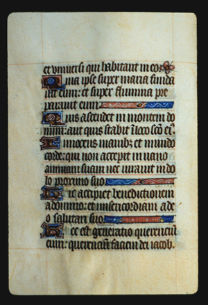 Page 25v, containing a dense block of blackletter text, with 5  illuminated initial letters, and 3 horizontal ornaments that fill the empty  space on each line whose sentence ends before the right margin.