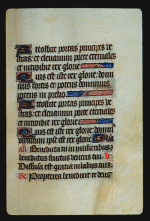 Page 26r, containing a dense block of blackletter text, with 6  illuminated initial letters, and 3 horizontal ornaments that fill the empty  space on each line whose sentence ends before the right margin, as well as 3 red words on the page.