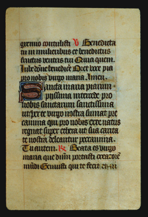 Page 27r, containing a dense block of blackletter text, with an  illuminated initial letter "S," 2 red words on the page and some yellow counterspaces.