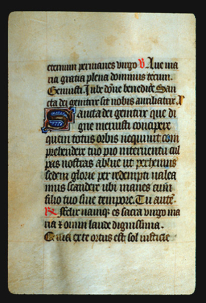 Page 27v, containing a dense block of blackletter text, with an  illuminated initial letter "S," 2 red words on the page and some yellow counterspaces.