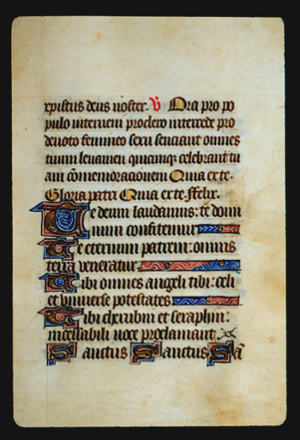 Page 28r, containing a dense block of blackletter text, with 6 illuminated initial letters , one of which is larger than the others,  1 red word,  some yellow counterspaces and several horizontal ornaments that fill up empty space at the end of sentences..