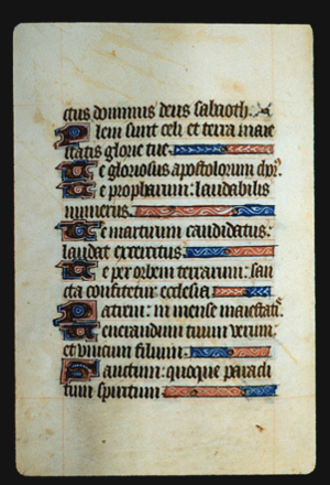 Page 28v, containing a dense block of blackletter text, with 8 illuminated initial letters ,  and several horizontal ornaments that fill up empty space at the end of sentences..