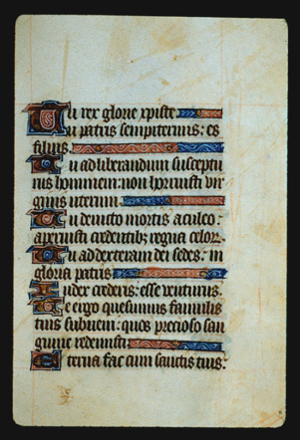 Page 29r, containing a dense block of blackletter text, with 7 illuminated initial letters ,  and several horizontal ornaments that fill up empty space at the end of sentences..