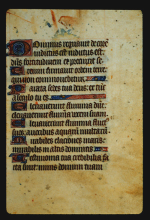 Page 30r, containing a dense block of blackletter text, with 7 illuminated initial letters ,  and a horizontal ornament that fills up empty space at the end of a sentence..